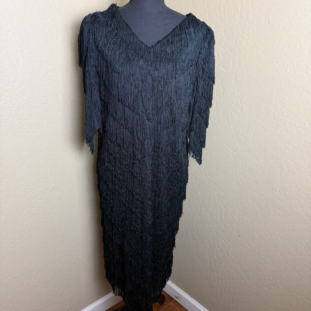 Nightworks Black Fringe Dress Rayon Acetate Art Deco Cocktail Evening Dress